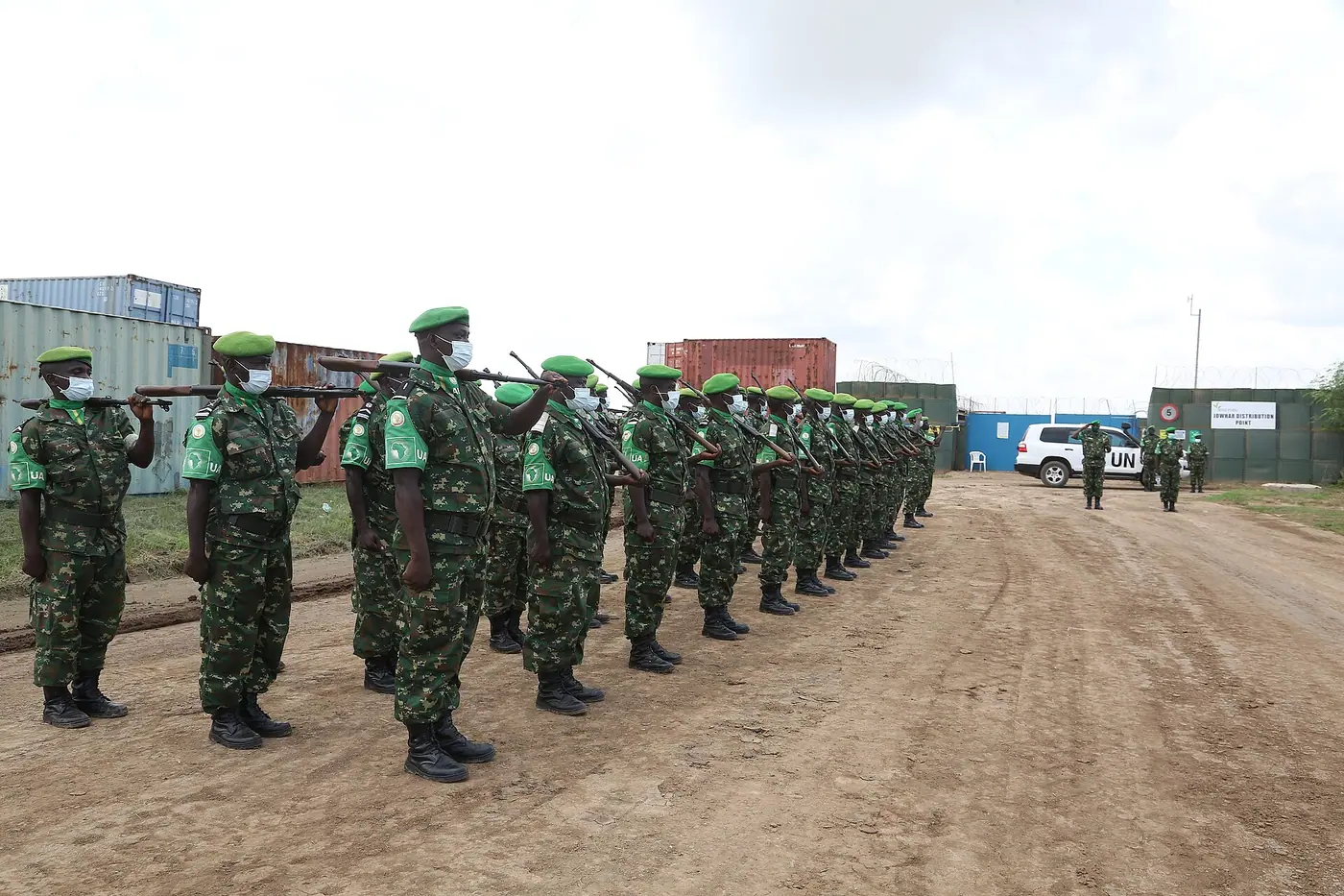 Soldiers of the Burundi contingent serving under the African Union Mission in Somalia (AMISOM) on parade to welcome the