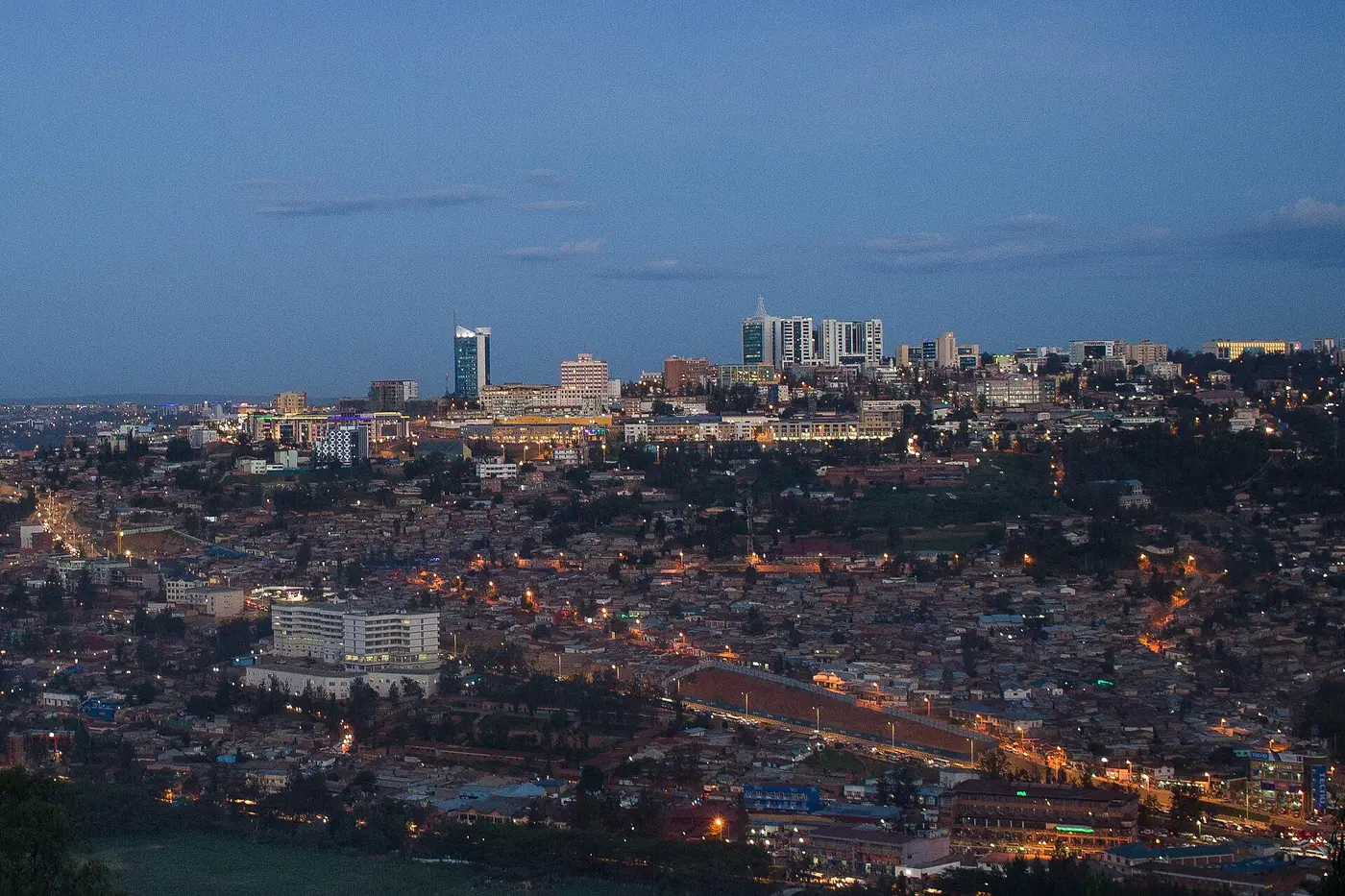 The skyline of central Kigali. Cropped from File:Kigali2018.jpg